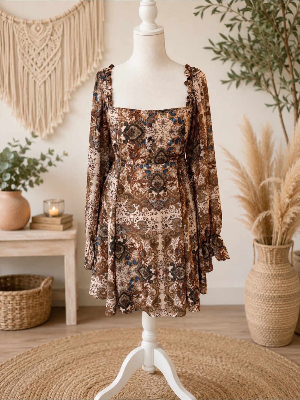 Flying Tomato Brown Paisley Square-Neck Mini Dress